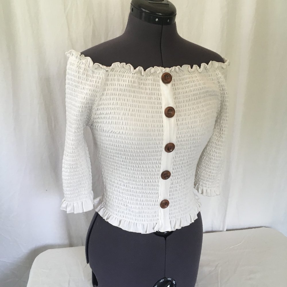 Smocked Off Shoulder Stretch Top Wood Buttons SzXL